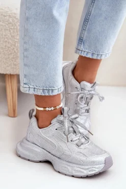Sneakersy Damskie Zdobione Cyrkoniami Srebrne Porrot