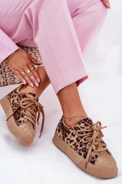 Sneakersy Damskie Ze Zdobieniem Na Platformie Panterka Brązowe Eanneth