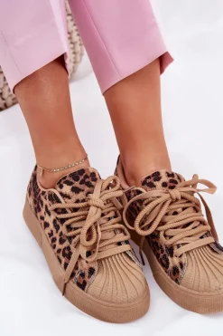 Sneakersy Damskie Ze Zdobieniem Na Platformie Panterka Brązowe Eanneth