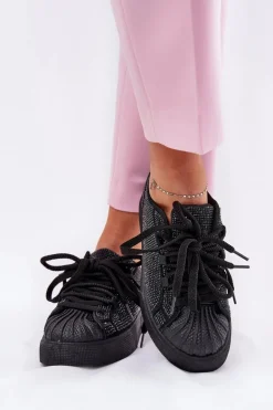 Sneakersy Damskie Ze Zdobieniem Na Platformie Czarne Eanneth