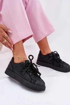 Sneakersy Damskie Ze Zdobieniem Na Platformie Czarne Eanneth