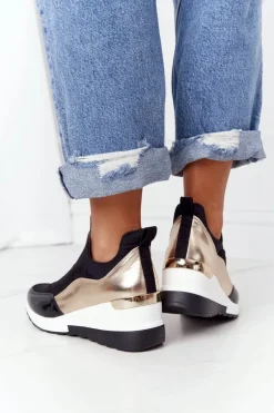 Sneakersy Na Koturnie Czarno-Złote City Beat