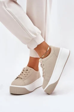 Sneakersy Na Masywnej Platformie Gładkie Beżowe Tirvanis