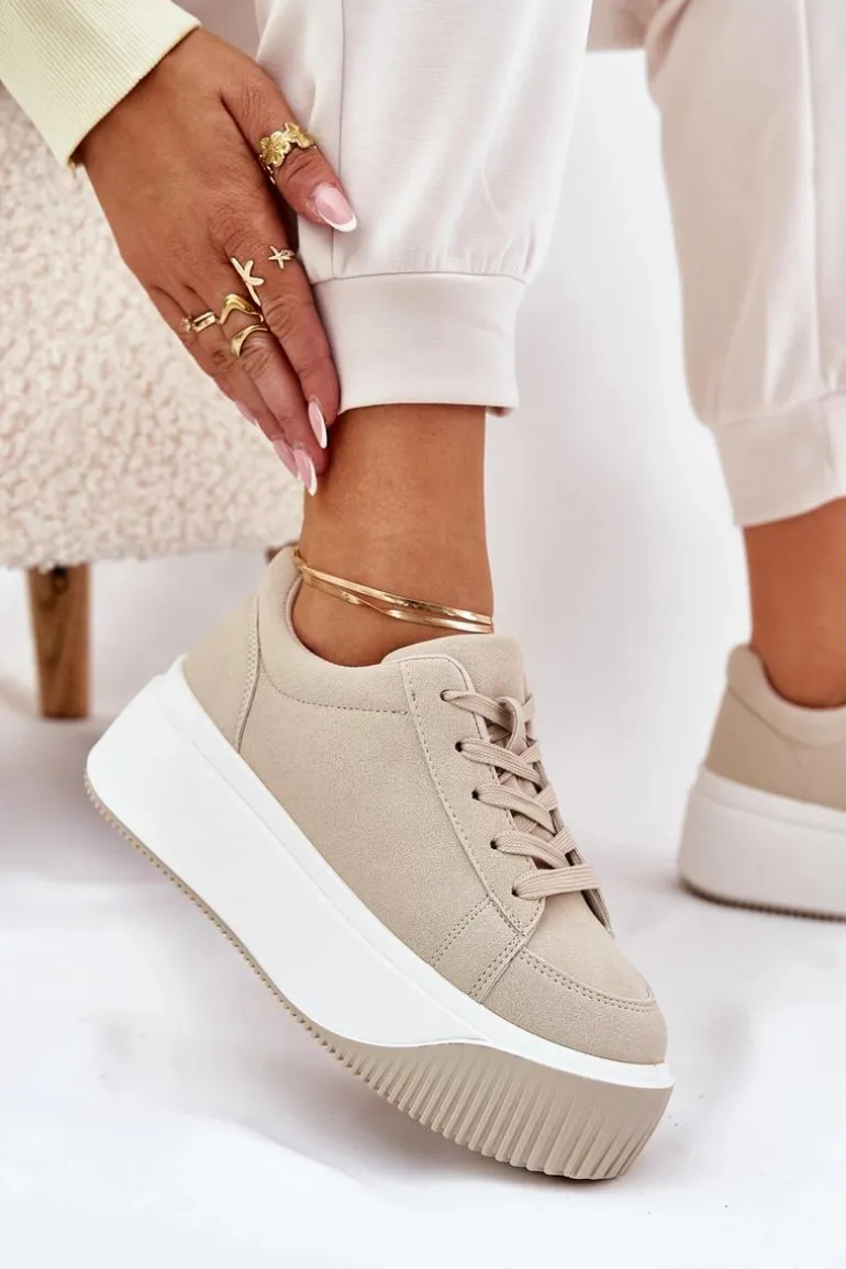 Sneakersy Na Masywnej Platformie Gładkie Beżowe Tirvanis