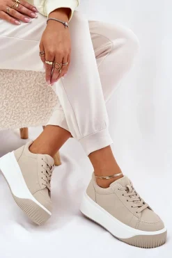 Sneakersy Na Masywnej Platformie Gładkie Beżowe Tirvanis