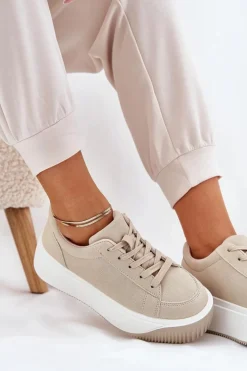 Sneakersy Na Masywnej Platformie Gładkie Beżowe Tirvanis