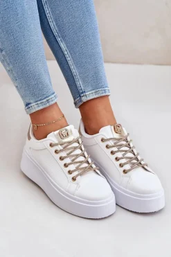 Sneakersy Na Platformie Z Ozdobnymi Sznurówkami Biało-Złote Fonetha
