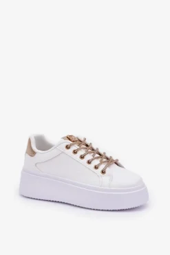 Sneakersy Na Platformie Z Ozdobnymi Sznurówkami Biało-Złote Fonetha