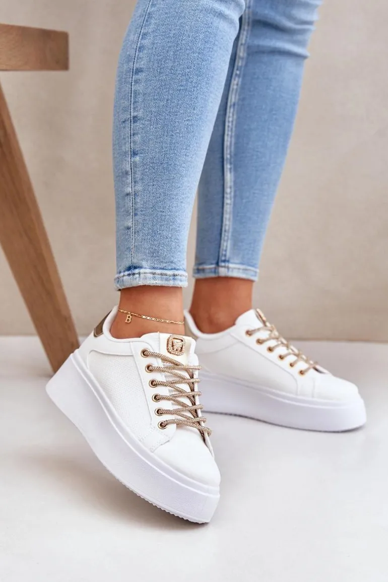 Sneakersy Na Platformie Z Ozdobnymi Sznurówkami Biało-Złote Fonetha