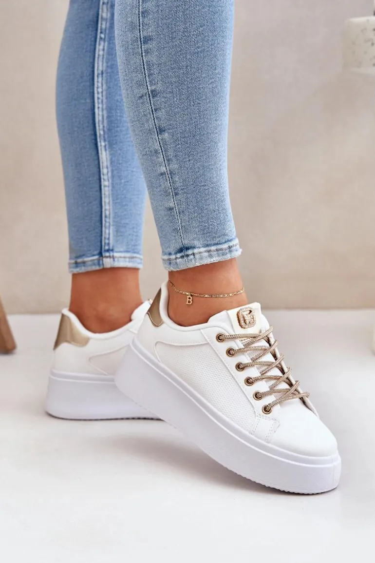 Sneakersy Na Platformie Z Ozdobnymi Sznurówkami Biało-Złote Fonetha