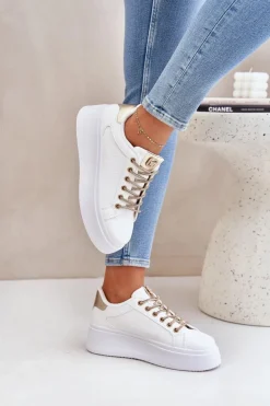 Sneakersy Na Platformie Z Ozdobnymi Sznurówkami Biało-Złote Fonetha