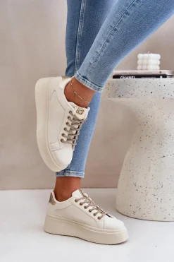 Sneakersy Na Platformie Z Ozdobnymi Sznurówkami Beżowe Fonetha