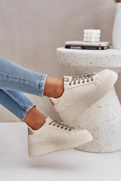 Sneakersy Na Platformie Z Ozdobnymi Sznurówkami Beżowe Fonetha