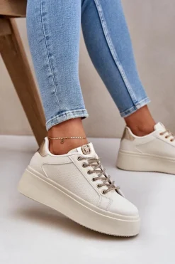 Sneakersy Na Platformie Z Ozdobnymi Sznurówkami Beżowe Fonetha