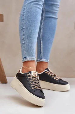 Sneakersy Na Platformie Z Ozdobnymi Sznurówkami Czarne Fonetha