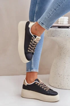 Sneakersy Na Platformie Z Ozdobnymi Sznurówkami Czarne Fonetha