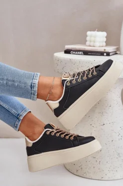 Sneakersy Na Platformie Z Ozdobnymi Sznurówkami Czarne Fonetha