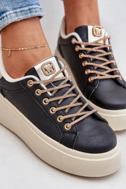 Sneakersy Na Platformie Z Ozdobnymi Sznurówkami Czarne Fonetha