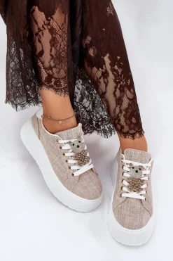Sneakersy Na Platformie Z Przypinką Miś S.Barski BF51-014 Beżowe
