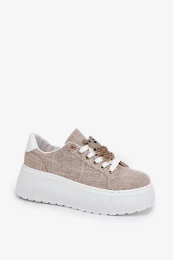 Sneakersy Na Platformie Z Przypinką Miś S.Barski BF51-014 Beżowe