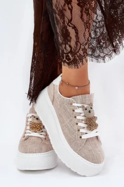 Sneakersy Na Platformie Z Przypinką Miś S.Barski BF51-014 Beżowe