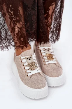 Sneakersy Na Platformie Z Przypinką Miś S.Barski BF51-014 Beżowe