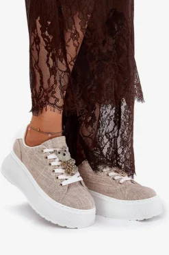 Sneakersy Na Platformie Z Przypinką Miś S.Barski BF51-014 Beżowe