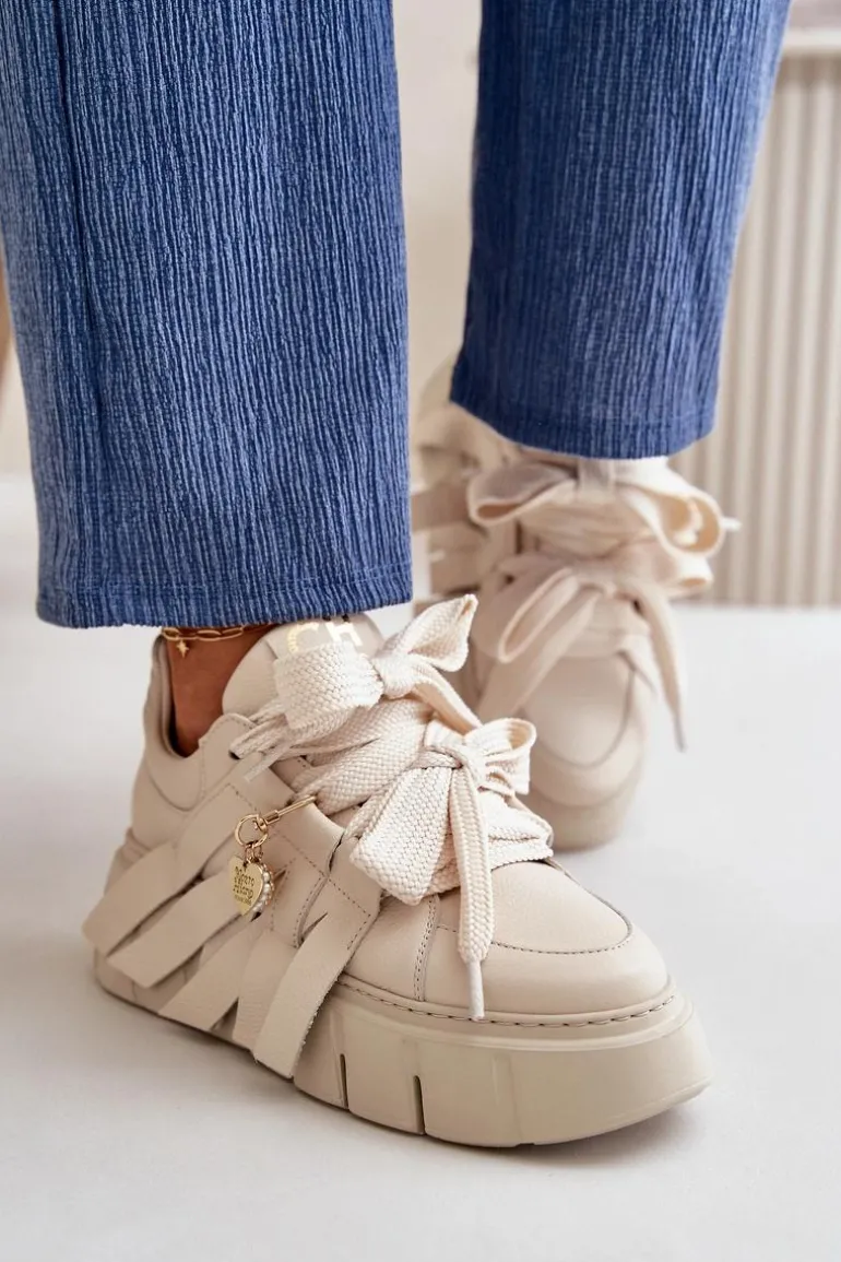 Sneakersy Skórzane Damskie Na Platformie Beżowe CheBello 4568