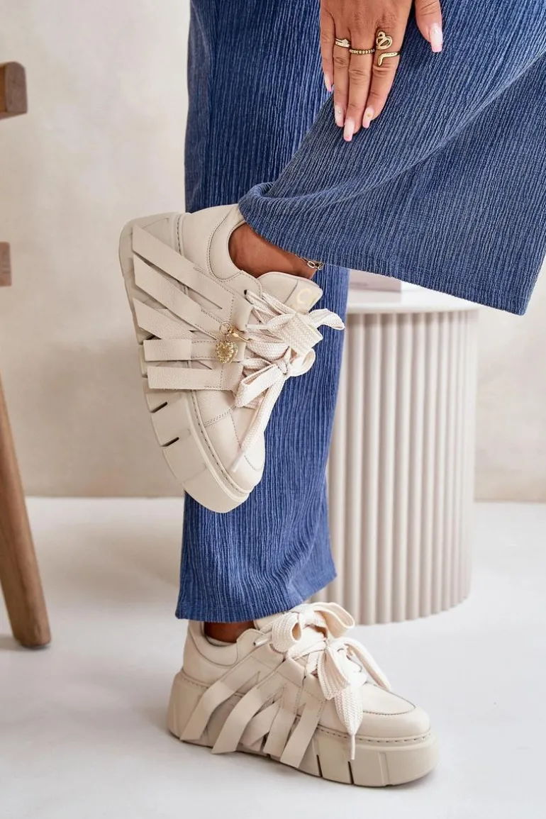 Sneakersy Skórzane Damskie Na Platformie Beżowe CheBello 4568