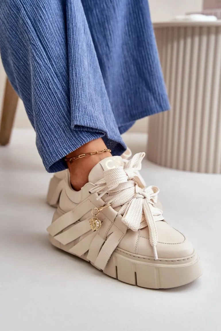 Sneakersy Skórzane Damskie Na Platformie Beżowe CheBello 4568