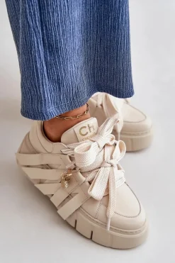 Sneakersy Skórzane Damskie Na Platformie Beżowe CheBello 4568