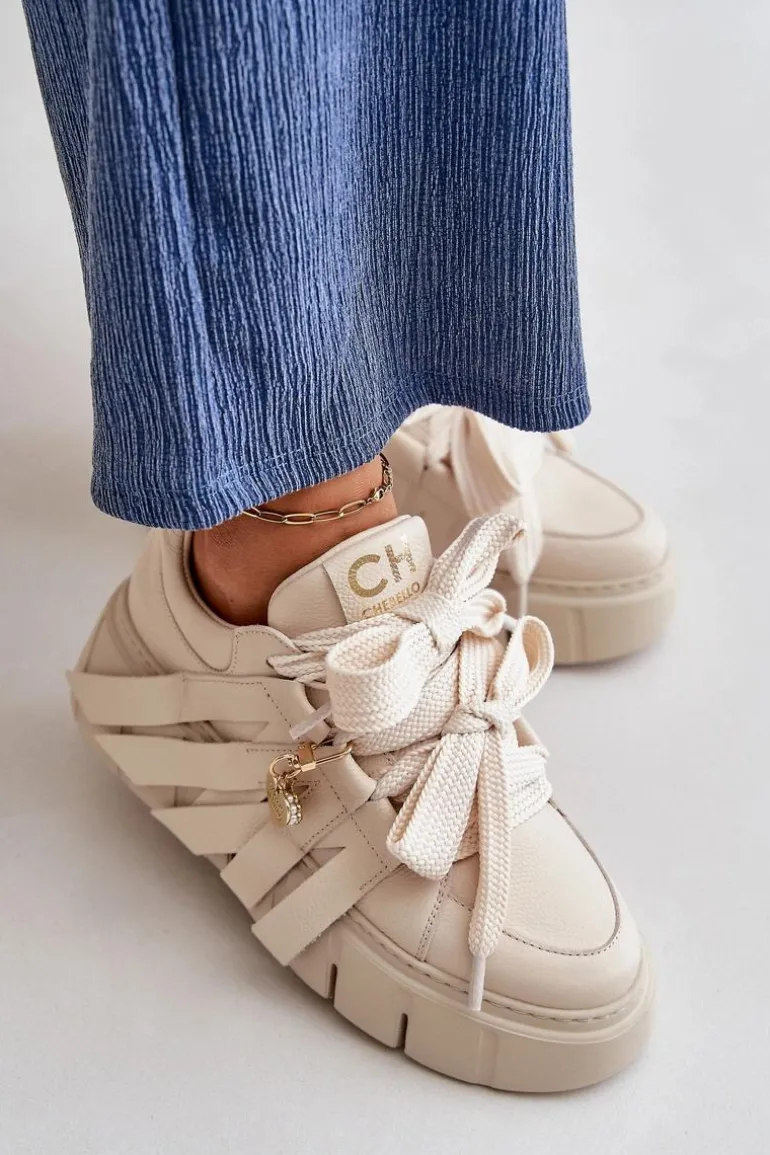 Sneakersy Skórzane Damskie Na Platformie Beżowe CheBello 4568