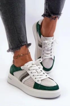 Sneakersy Skórzane Damskie D&A LR110 Zielono-Białe