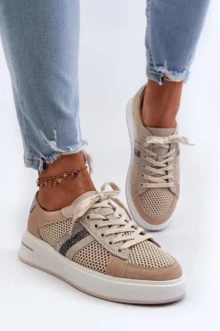 Sneakersy Skórzane Damskie D&A LR110 Beżowe