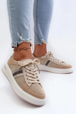 Sneakersy Skórzane Damskie D&A LR110 Beżowe