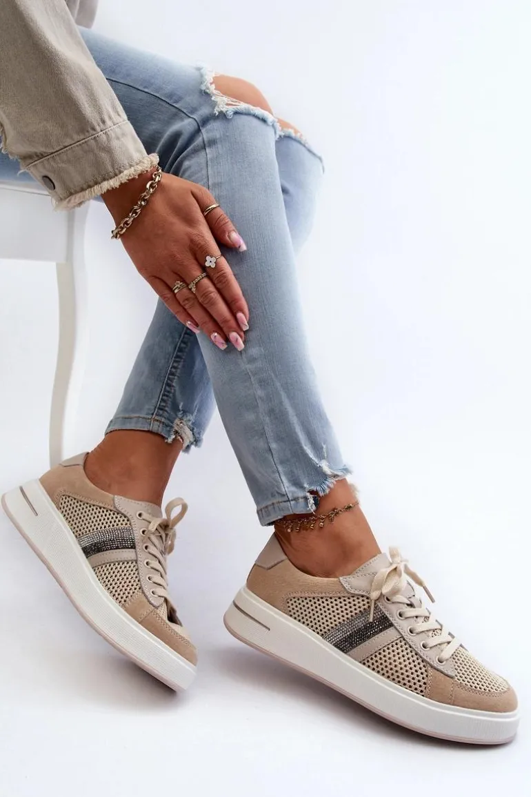 Sneakersy Skórzane Damskie D&A LR110 Beżowe