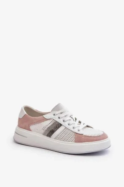 Sneakersy Skórzane Damskie D&A LR110 Biało-Różowe