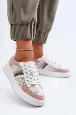 Sneakersy Skórzane Damskie D&A LR110 Biało-Różowe