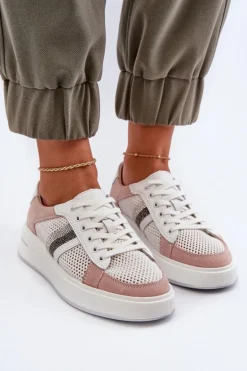 Sneakersy Skórzane Damskie D&A LR110 Biało-Różowe