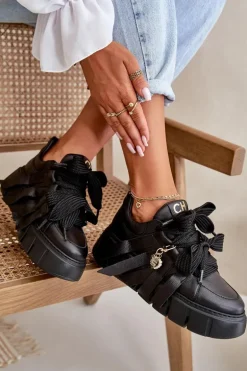 Sneakersy Skórzane Damskie Na Platformie Czarne CheBello 4568