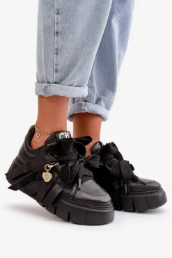 Sneakersy Skórzane Damskie Na Platformie Czarne CheBello 4568