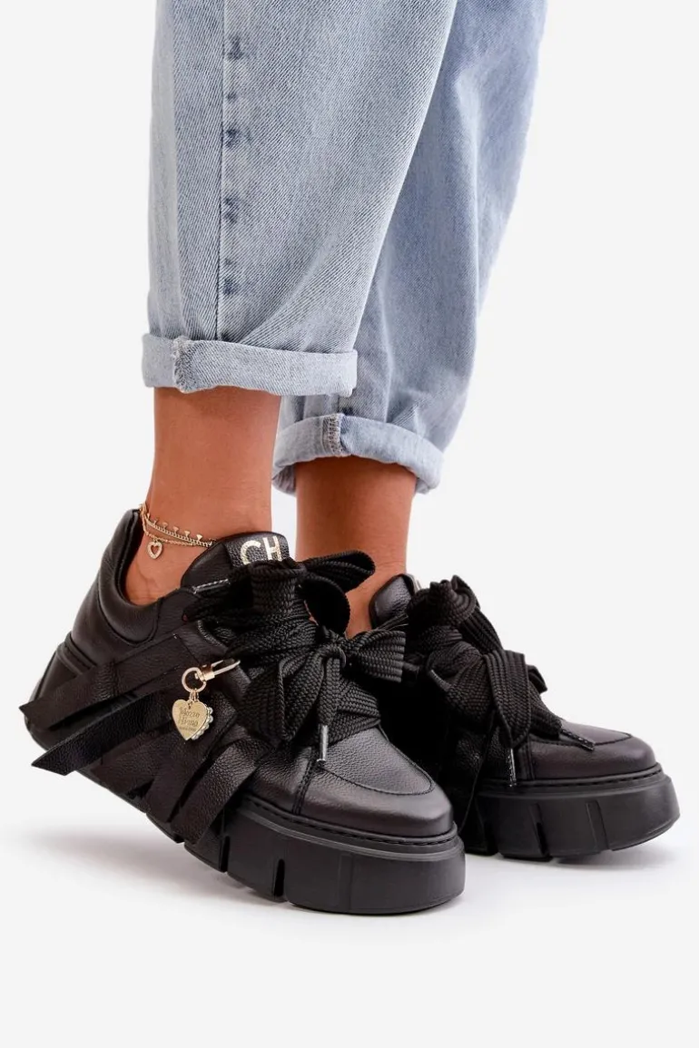 Sneakersy Skórzane Damskie Na Platformie Czarne CheBello 4568