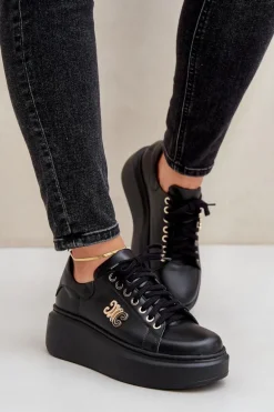 Sneakersy Ze Skóry Naturalnej Na Platformie Złota Ozdoba Lewski 3428 Czarne