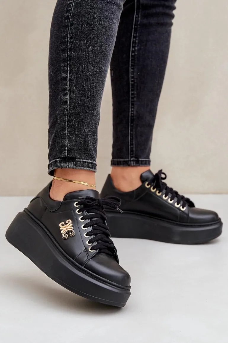 Sneakersy Ze Skóry Naturalnej Na Platformie Złota Ozdoba Lewski 3428 Czarne