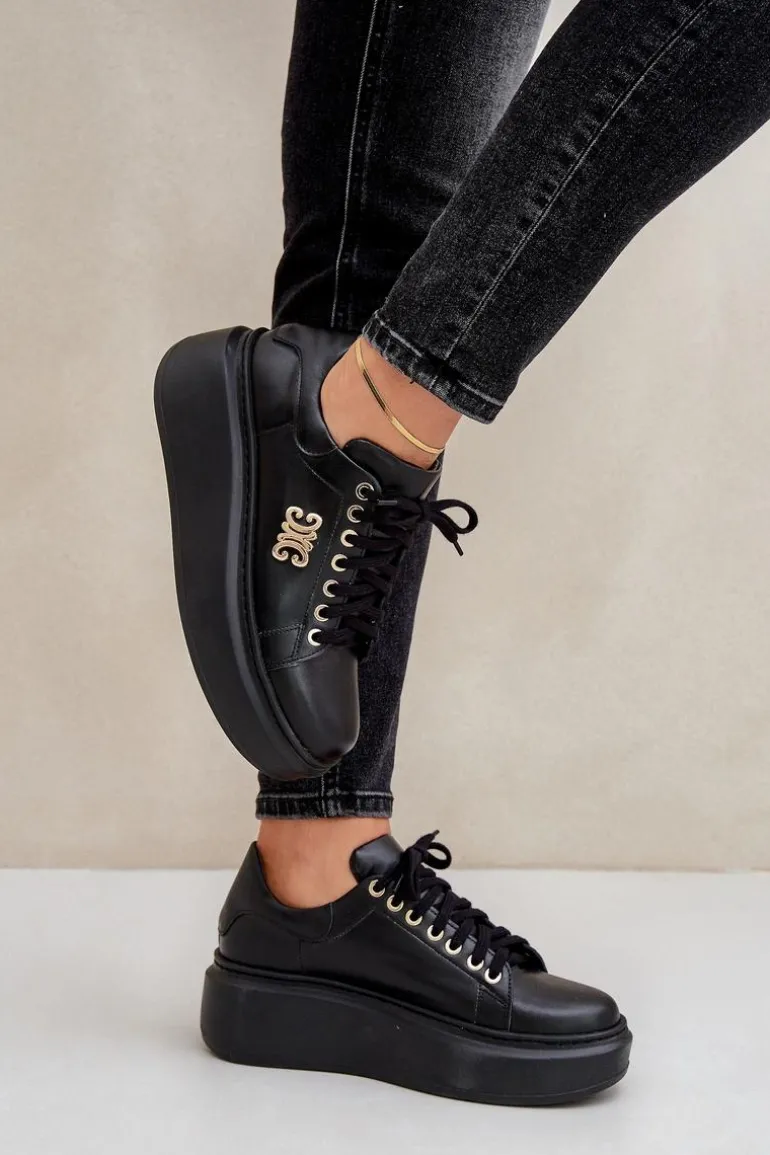 Sneakersy Ze Skóry Naturalnej Na Platformie Złota Ozdoba Lewski 3428 Czarne