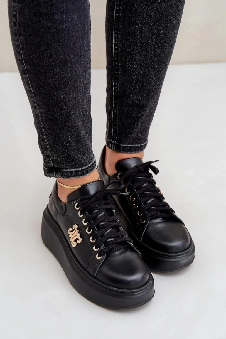 Sneakersy Ze Skóry Naturalnej Na Platformie Złota Ozdoba Lewski 3428 Czarne