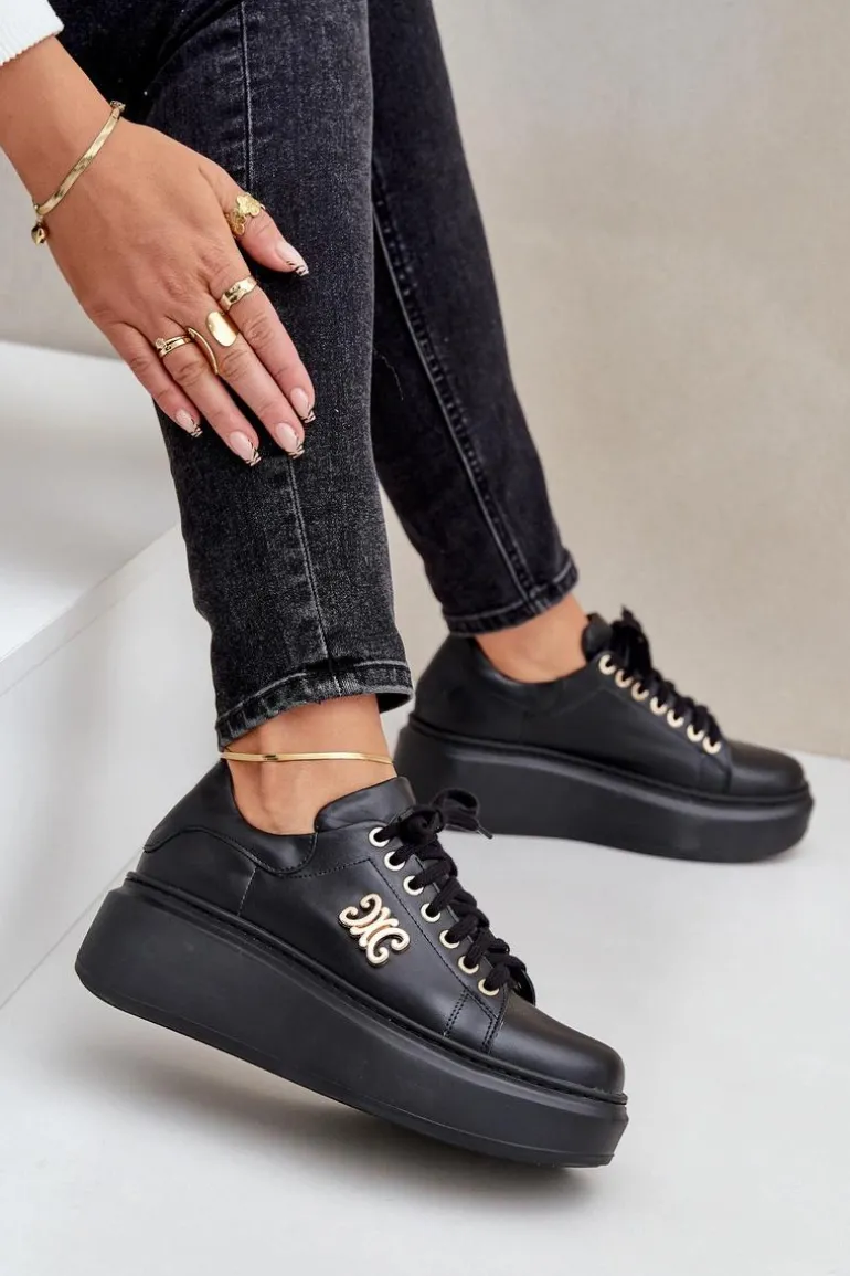 Sneakersy Ze Skóry Naturalnej Na Platformie Złota Ozdoba Lewski 3428 Czarne