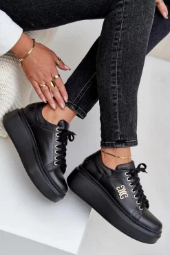 Sneakersy Ze Skóry Naturalnej Na Platformie Złota Ozdoba Lewski 3428 Czarne