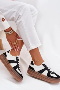 Sneakesy Damskie Na Platformie Biało-Czarne Sivirae