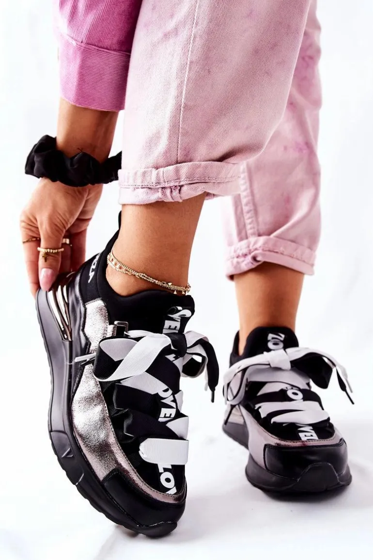 Sportowe Buty Sneakersy Czarno-Srebrne Dexla